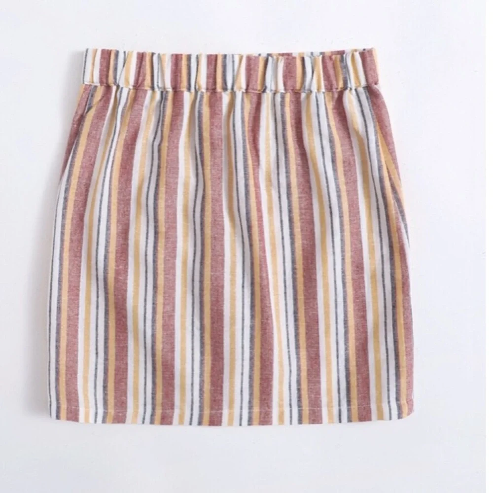 Cream Multicolor Stripe Button Up Elastic Waist Skirt